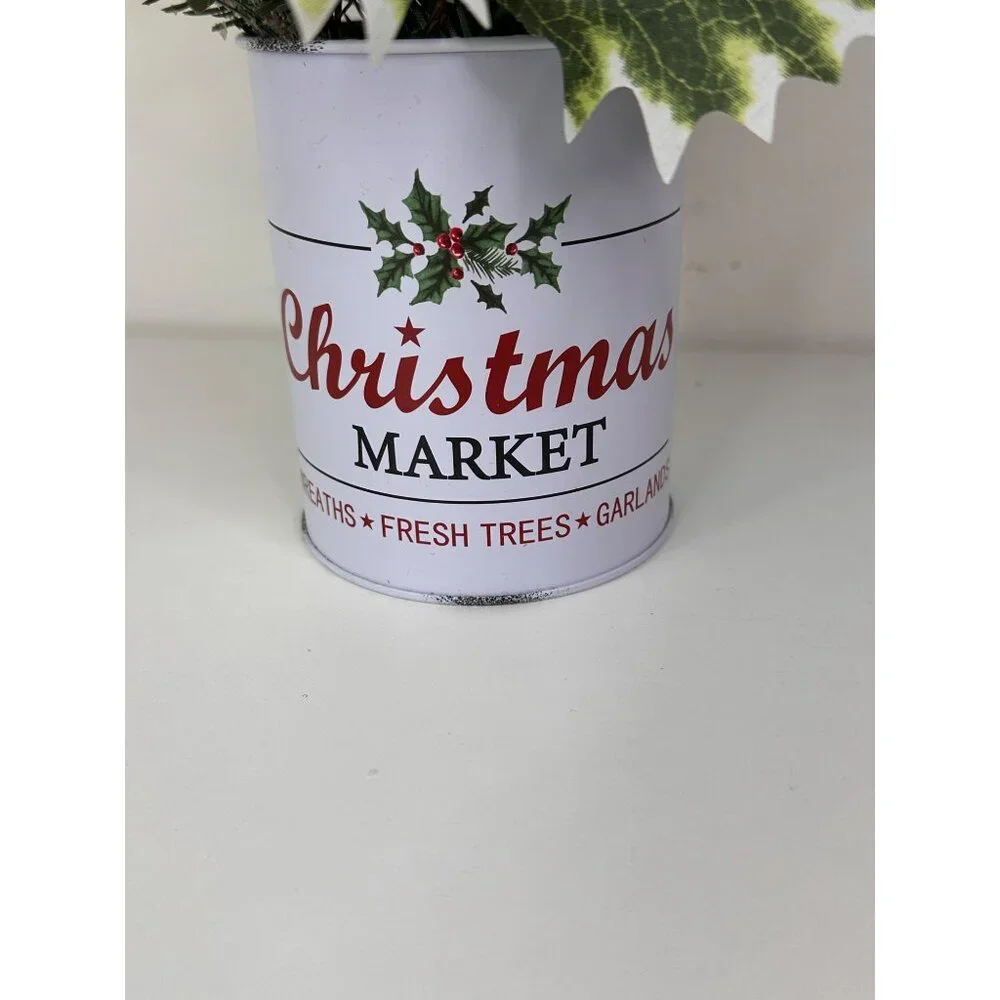 Artificial Christmas Arrangement In White Christmas Market Tin For Holiday Decor